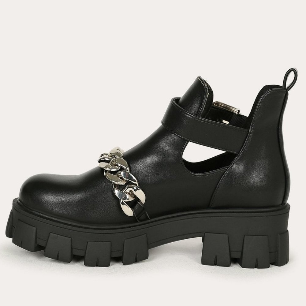 Chain Adorned Silver Chunky Platform Boot Cutout Buckle Lugged Bootie - Picture 5 of 7
